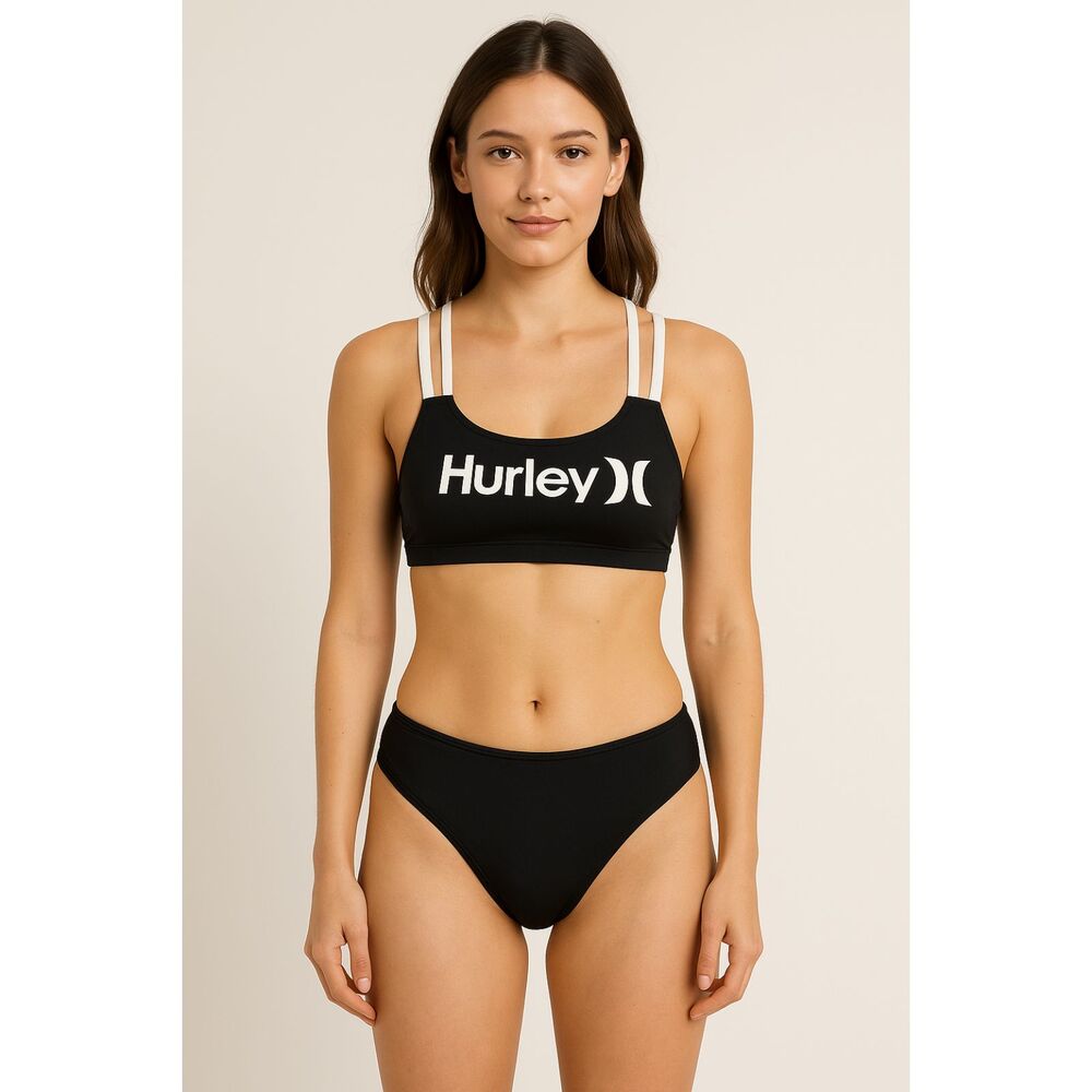Hurley 2 Piece Moderate Coverage Swimsuit Black White Accents S